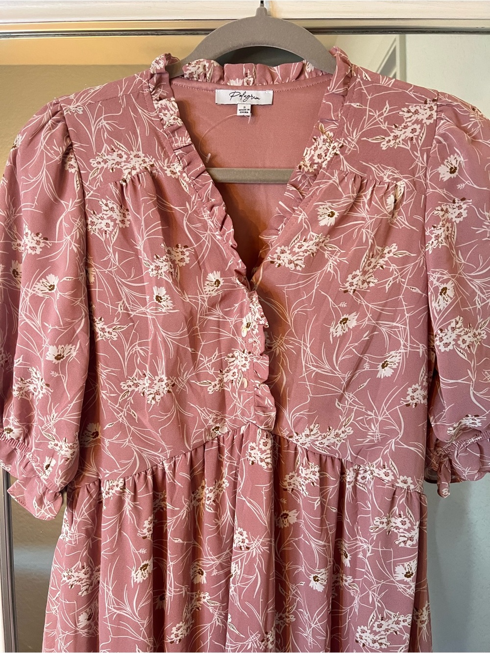 đź’•NWOT Polagramđź’• Dusty Rose Floral Ruffle-Trim Midi Dress - Picture 3 of 8
